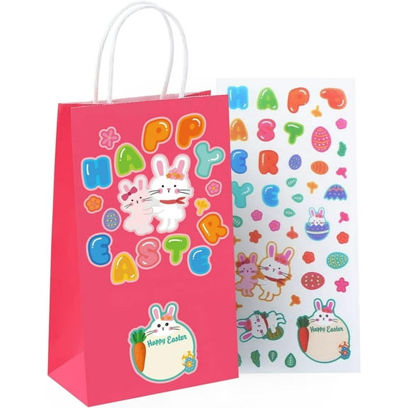 Nexmint 8.7-Inch Easter Gift Bags (24-Pack) with Creative DIY Fun Easter Themed Stickers (4-Sheets), Red Paper Bag with handle, Easter Goodie Bags, Easter Party Favor Bags, Easter Treat Bags