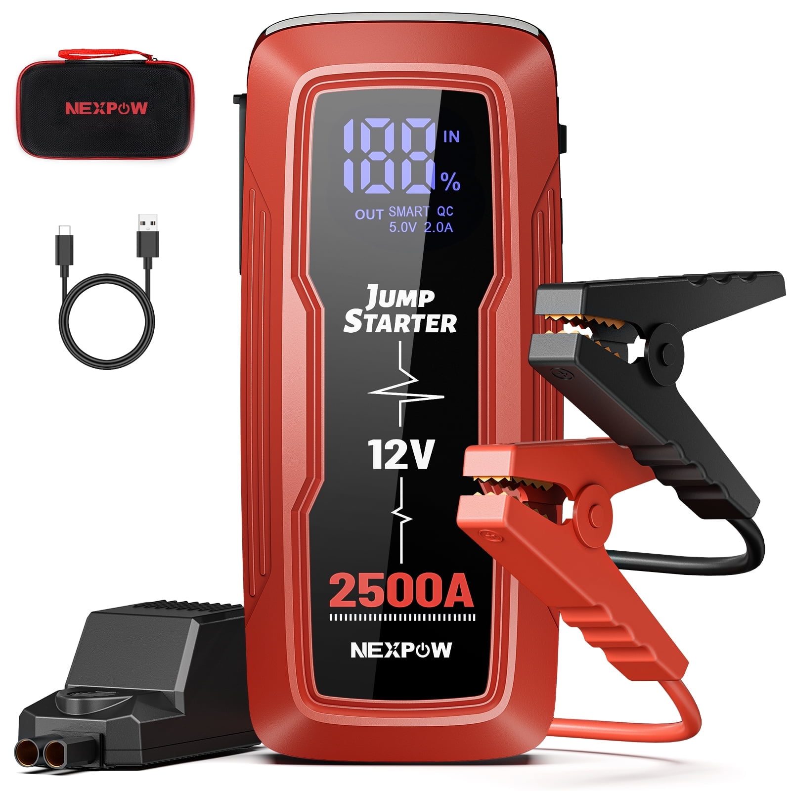 NEXPOW 2500A Car Jump Starter, 18000mAh Battery Starter with LED Display (up to 8.0L Gas & 6.0L Diesel Engine),12V Auto Jump Box with LED Light,USB QC 3.0