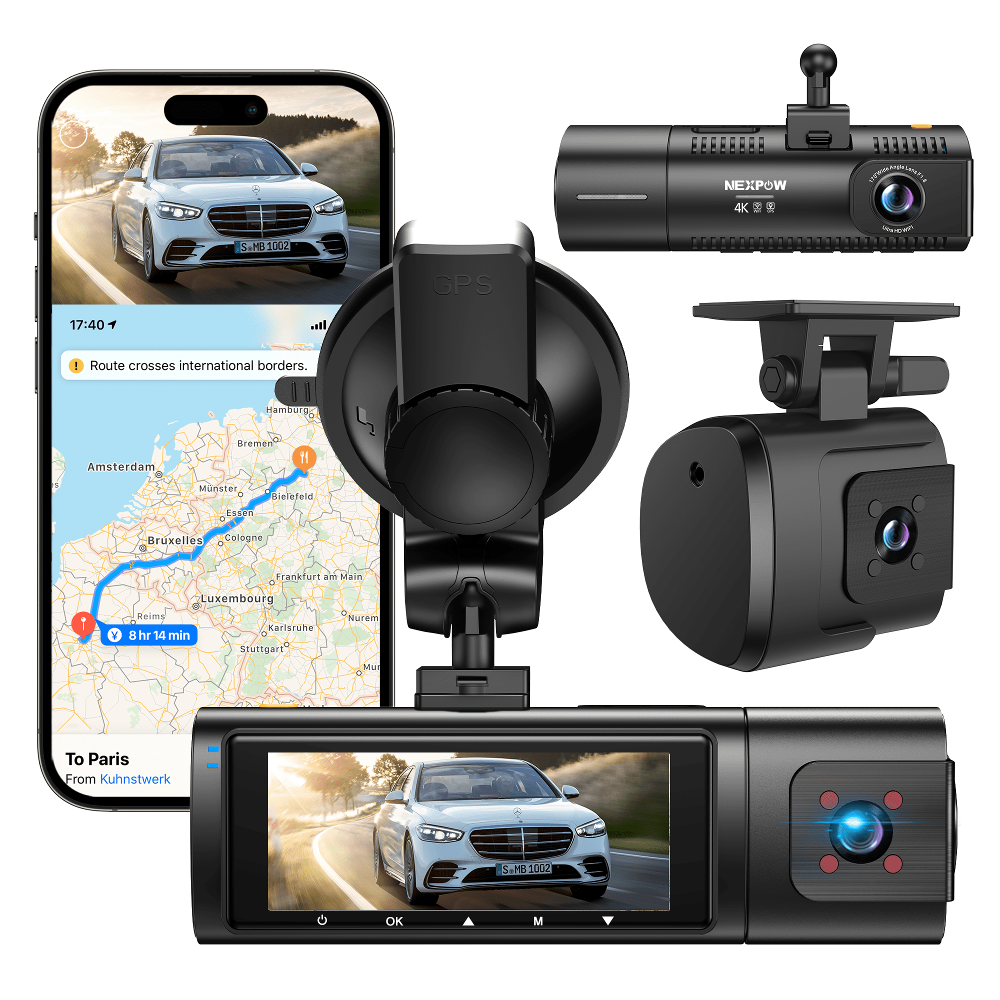 NEXPOW Dash Cam Front and Rear, 4K Full HD Dash Camera with Built-in WiFi GPS, Super Night Vision, WDR, 24H Parking Mode, 32GB Card Included