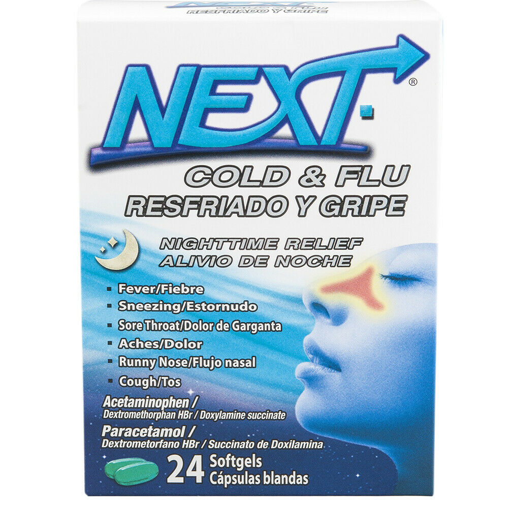 Next Cold & Flu Nighttime Softgels. Fever, Cough, Cold and Flu Relief. 24 gels
