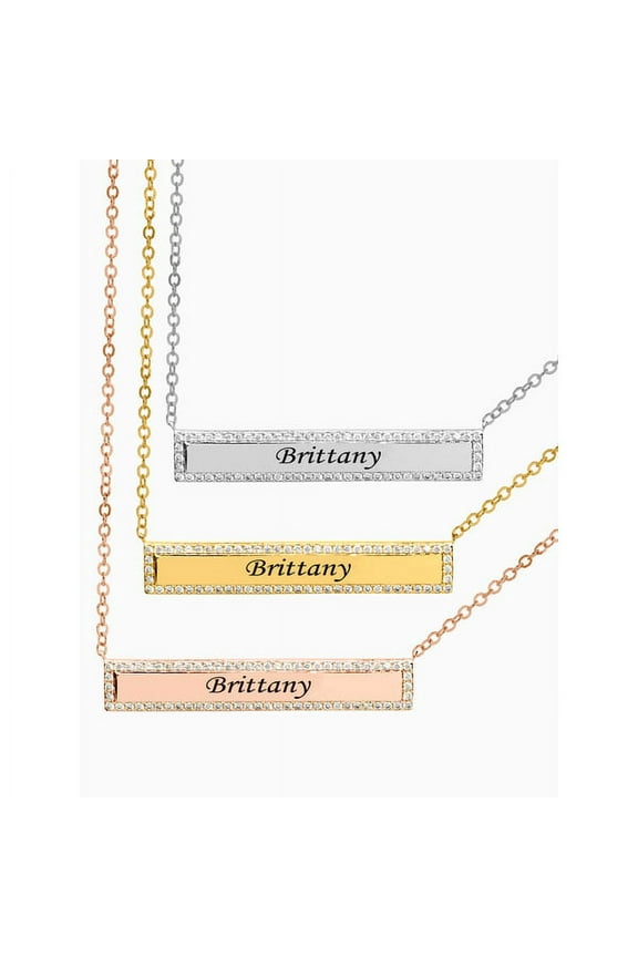Next Day Shipping Personalized Bar Name Necklace with Cubic Zirconia Stones on the border
