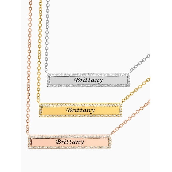 Next Day Shipping Personalized Bar Name Necklace with Cubic Zirconia Stones on the border