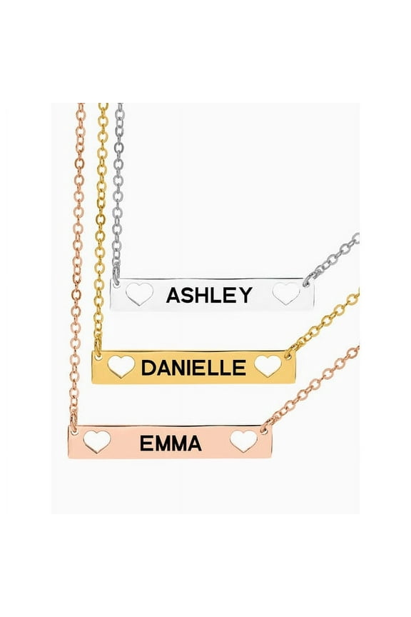 Next Day Shipping Personalized Name Bar Necklace with Cut-Out Hearts on Each End