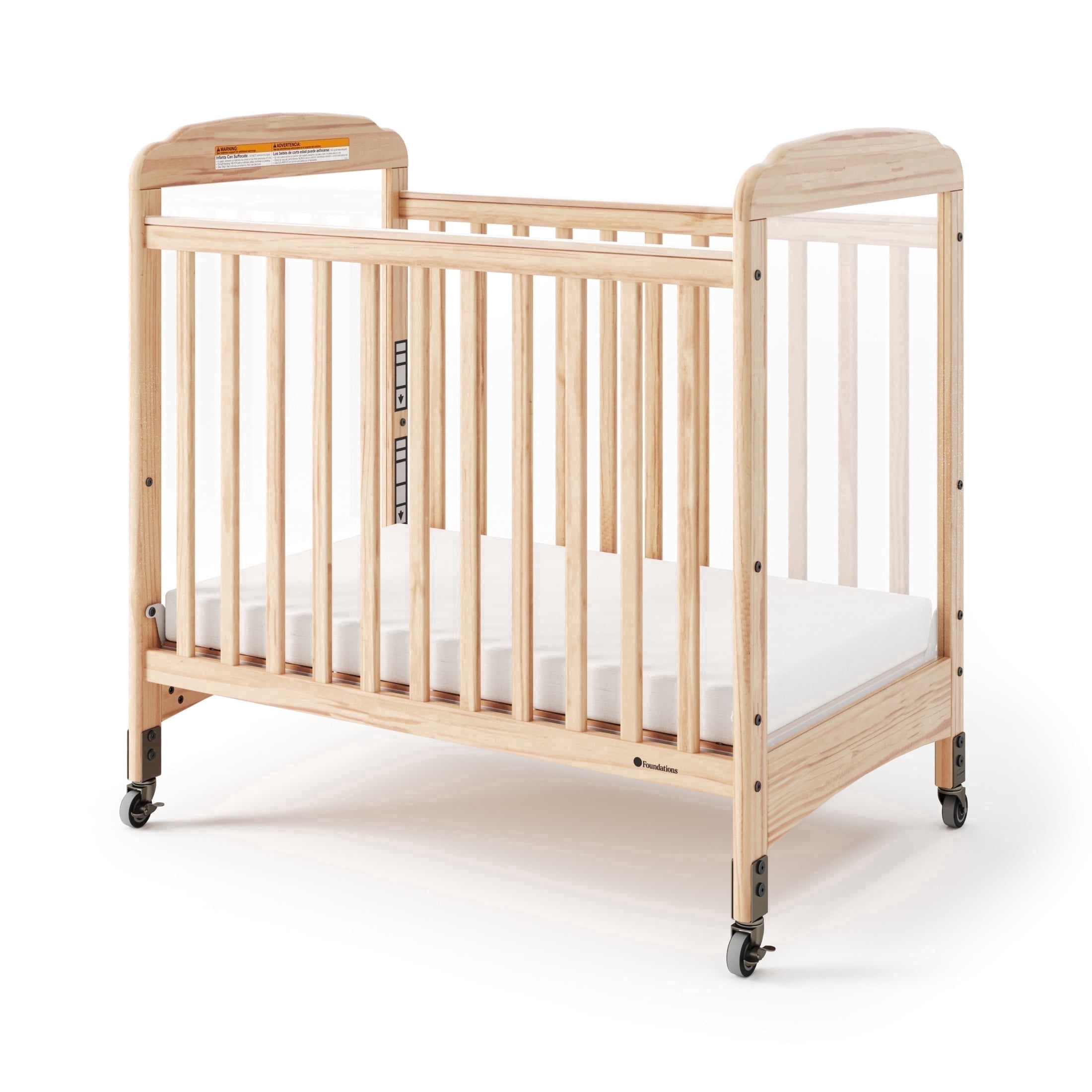 Foundations Serenity Compact Clearview Crib with 3" Foam Mattress, Locking Casters, Adjustable Height