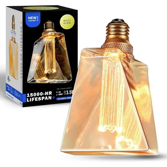 Next Glow LED Decorative Light Bulb | ICE Style Shaped Vintage Edison Large Light Bulb for Home,Table Lamp, Pendant Lighting | 3.5W Warm White 2200k Amber, Dimmable, E26 Base Unique Decorative Bulbs