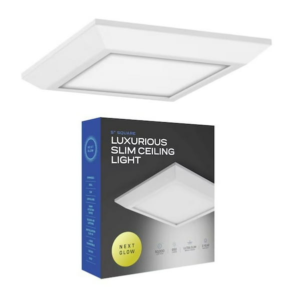Next Glow Ultra Slim 5" LED Ceiling Light Fixture, 3000K Square, Dimmable Flush Mount Light, White