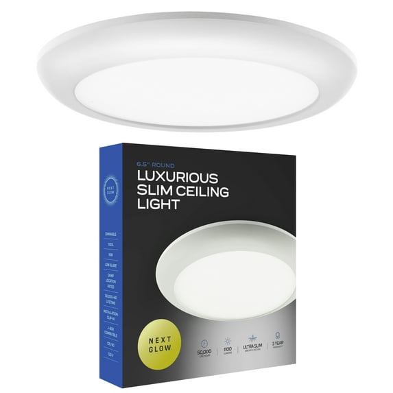 Next Glow Ultra Slim 6.5" LED Ceiling Light Fixture, 4000K Round, Dimmable Flush Mount Light, White