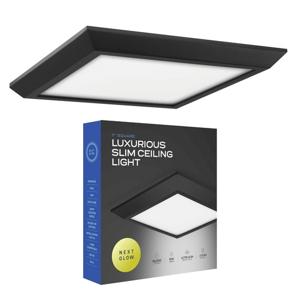Next Glow Ultra Slim 7" LED Ceiling Light Fixture, Dimmable, Modern 4000K Square, Black