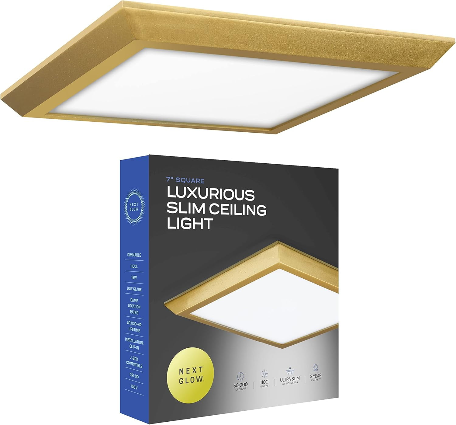 Next Glow Ultra Slim 7" LED Ceiling Light Fixture, 4000K Square, Dimmable Flush Mount Light, Brass