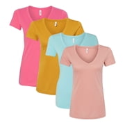 Next Level Women s Ideal V-Neck T-Shirt, Solid Color Short Sleeve Bulk T-Shirts for Women, 60/40 Cotton/Polyester Assorted Tees Bright Color 4 Pack, M