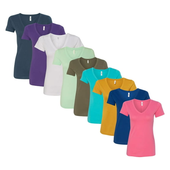 Next Level Women’s Ideal V-Neck T-Shirt, Solid Color Short Sleeve Bulk T-Shirts for Women, 60/40 Cotton/Polyester Assorted Tees (Dark Bright Color 9 Pack, L)