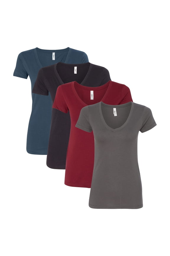 Next Level Women’s Ideal V-Neck T-Shirt, Solid Color Short Sleeve Bulk T-Shirts for Women, 60/40 Cotton/Polyester Assorted Tees (Dark Color 4 Pack, S)
