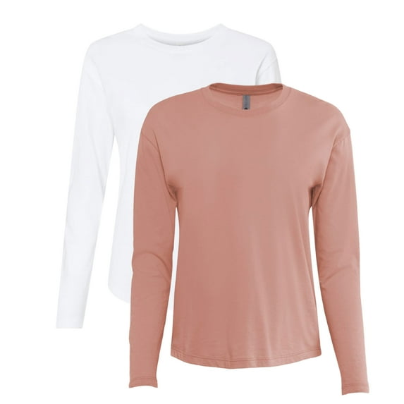Next Level Women's Long Sleeve T-Shirt, Heavy Tee Shirt 100% Ring-Spun Cotton Durable Crewneck Tee (Desert-Pink+White 2 Pack, M)