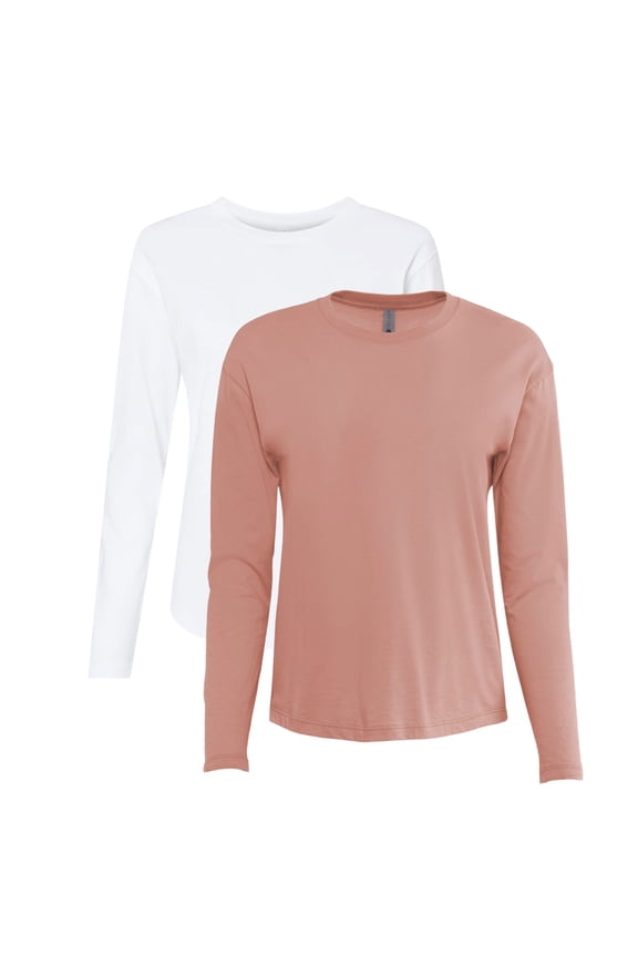 Next Level Women's Long Sleeve T-Shirt, Heavy Tee Shirt 100% Ring-Spun Cotton Durable Crewneck Tee (Desert-Pink+White 2 Pack, S)