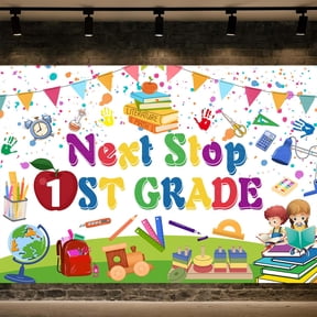 Next Stop 1st Grade Backdrop, Colorful Kindergarten Graduate Banner, 2026 Back to School Decorations for Kids 1st Grade Welcome Party, Last Day of Kindergarten Congrats Grad Photo Booth Props,7x5FT