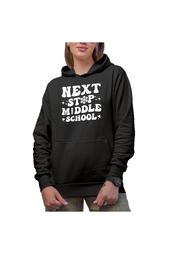 Next Stop Middle School - Student Graduation Themed, Retro Groovy Wavy Text, Black Hooded Sweatshirt or Hoodie, Small