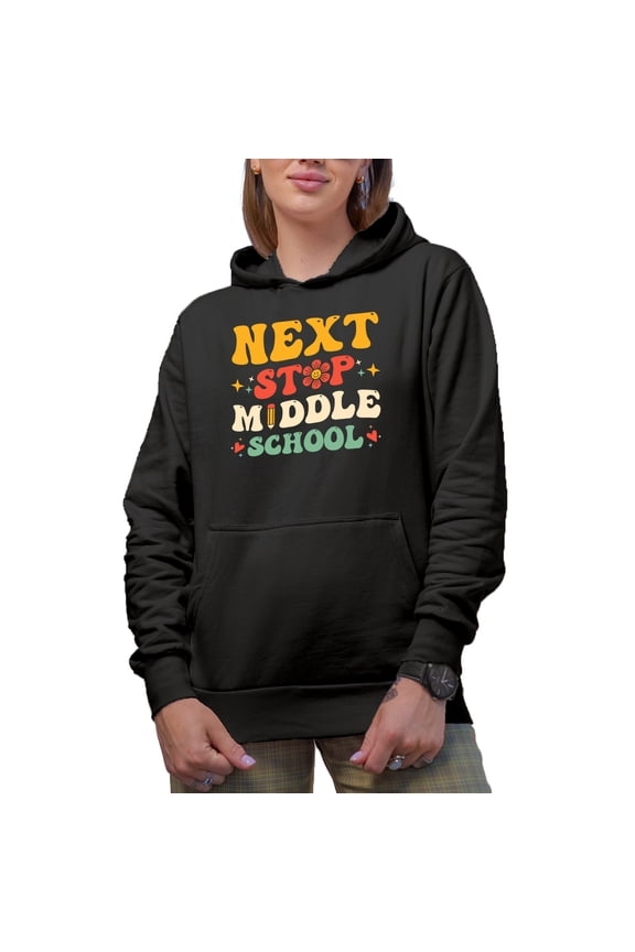 Next Stop Middle School, Student Graduation Themed, Retro Groovy Wavy Text, Black Hooded Sweatshirt or Hoodie, Small