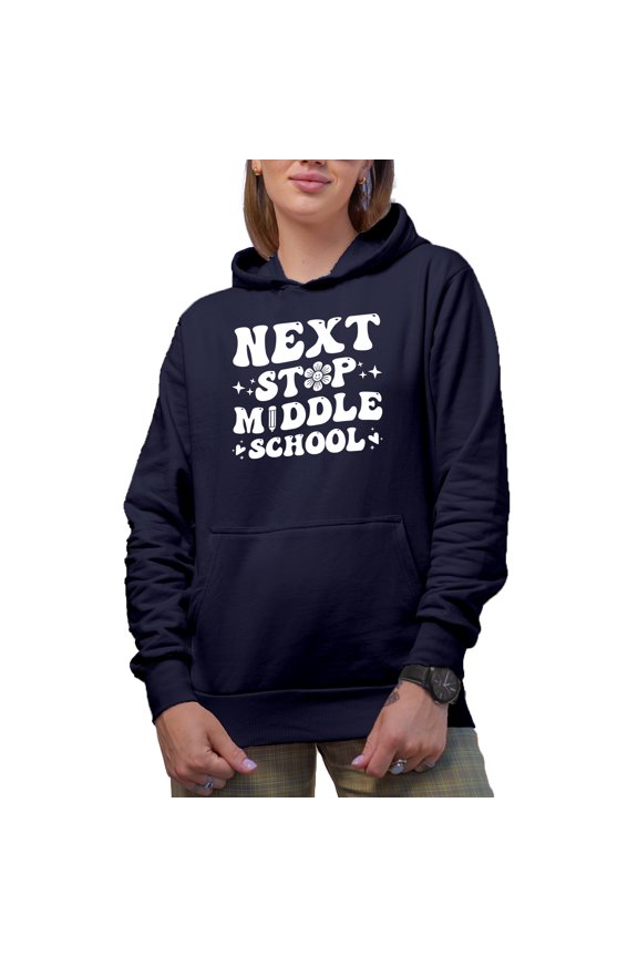 Next Stop Middle School - Student Graduation Themed, Retro Groovy Wavy Text, Navy Blue Hooded Sweatshirt or Hoodie, Small