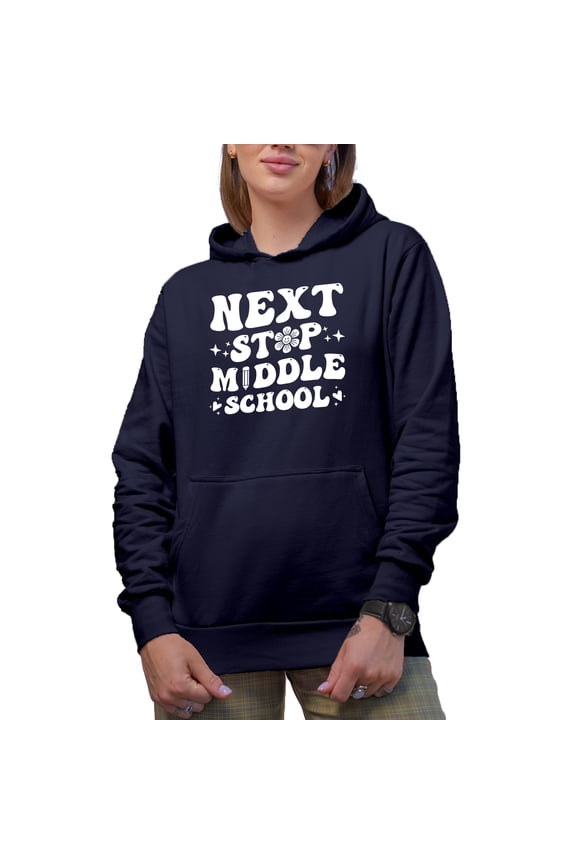 Next Stop Middle School - Student Graduation Themed, Retro Groovy Wavy Text, Navy Blue Hooded Sweatshirt or Hoodie, XL