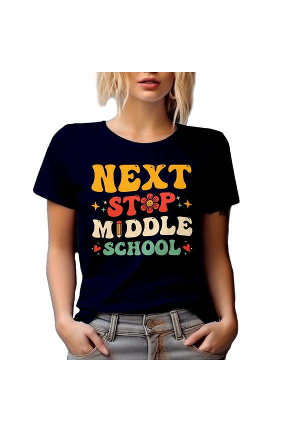 Next Stop Middle School, Student Graduation Themed, Retro Groovy Wavy Text, Navy Blue T-Shirt, XL