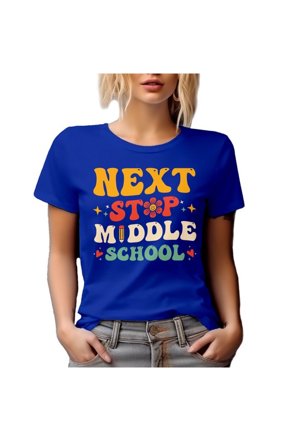 Next Stop Middle School, Student Graduation Themed, Retro Groovy Wavy Text, Royal Blue T-Shirt, XL