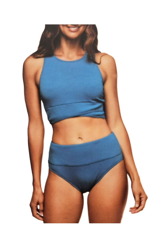 by Athena Women's Ribbed Bikini Top and Bottom Swimsuit Set (Blue, XXL)