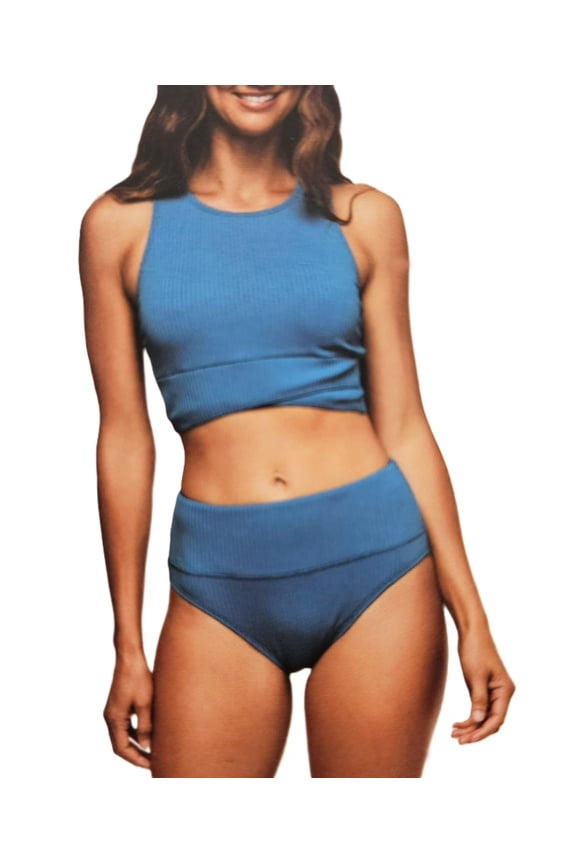 by Athena Women's Ribbed Bikini Top and Bottom Swimsuit Set (Blue, XL)