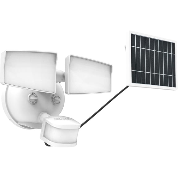 Next generation solar powered safety floodlight, 2 head with motion sensor, dawn to dusk, adjustable brightness - white