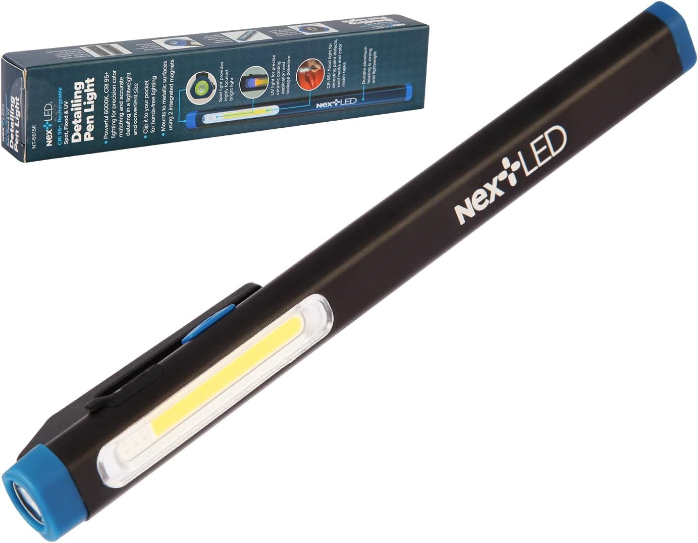 NextLED NT-6615K CRI95 Auto Detailing Light, Rechargeable Pocket Flashlight, 430 Lumen, 6000k, Magnetic, Spot/Flood/365nm UV Light 3 in 1, for Paint Correction, Swirl Finder, Pro Paint Matching Tool