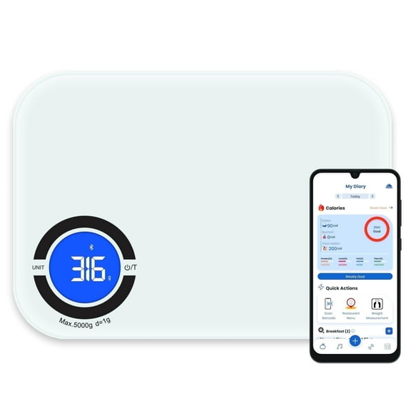 NextLevel Fit Bluetooth Food Scale with App, Digital Smart Kitchen Scale, Glass, White