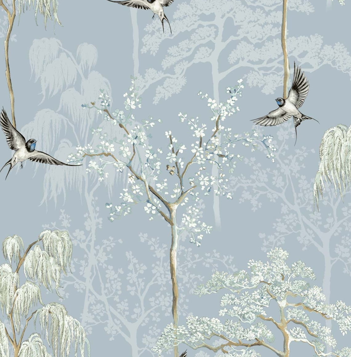 Light Blue Bird Garden Peel and Stick Wallpaper