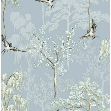 NextWall Arthouse Bird Garden Peel and Stick Wallpaper 20.5 in. W x 18 ft. L - Light Blue