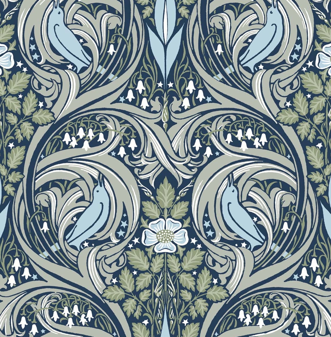 NextWall  Bird Ogee Peel and Stick Wallpaper 20.5 in. W x 18 ft. L - Navy & Fern Green