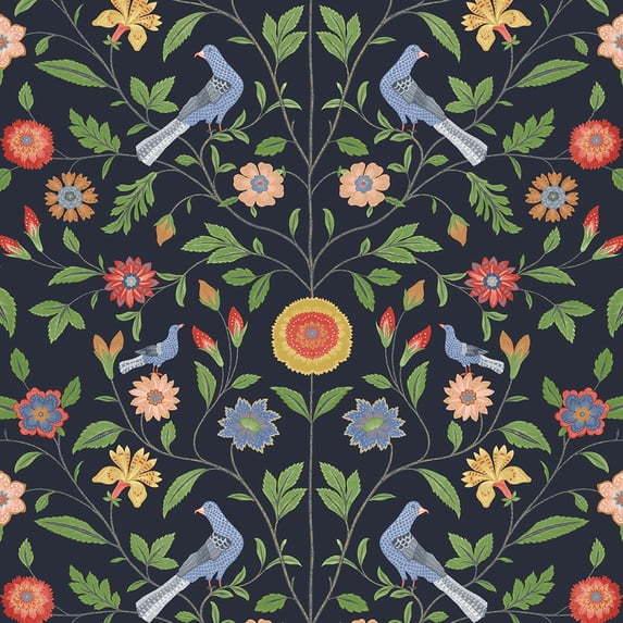 NextWall Bird Toile Peel and Stick Wallpaper 20.5 in. W x 18 ft. L - Midnight Blue