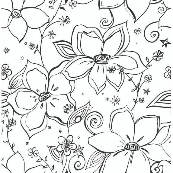 NextWall Black & White Linework Floral Peel and Stick Wallpaper