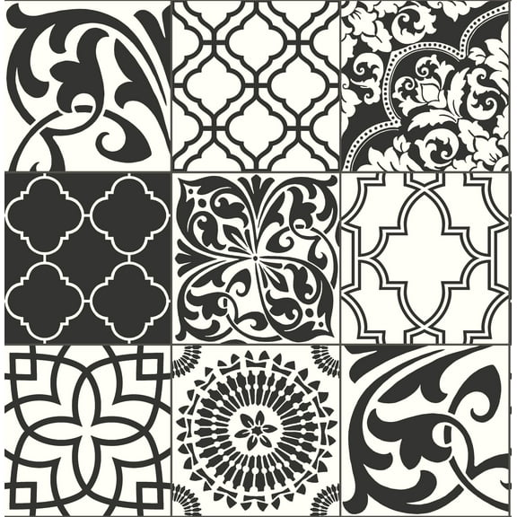NextWall  Black and White Graphic Tile Peel and Stick Wallpaper - 20.5 in. W x 18 ft. L