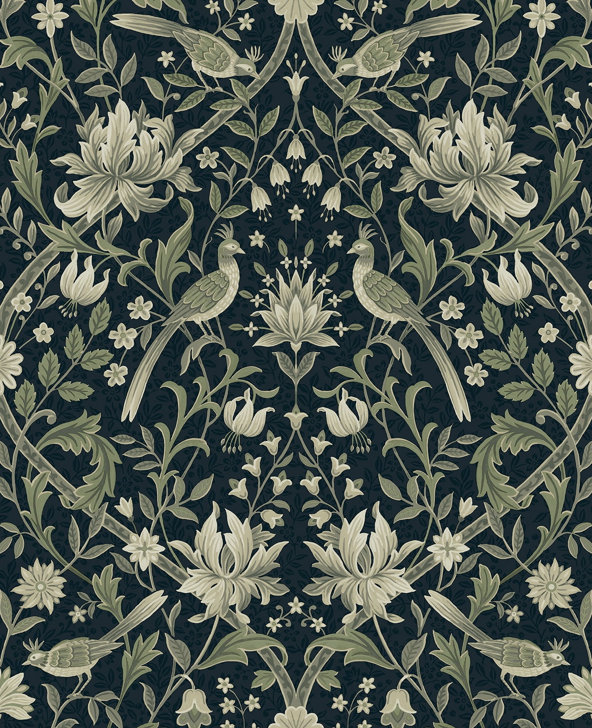 NextWall Blue & Sage Vintage Bird Ogee Peel and Stick Wallpaper - 20.5 in. W x 18 ft. L Roll