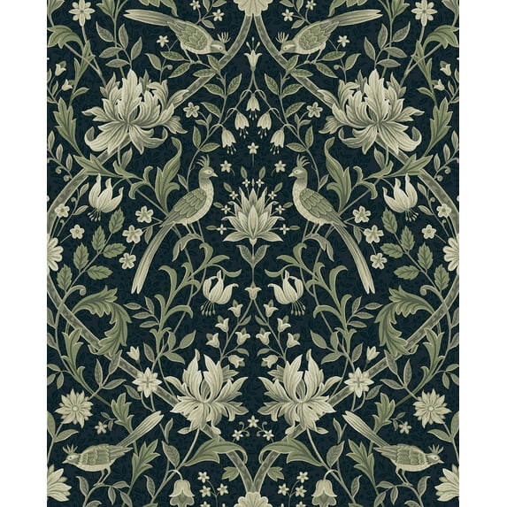 NextWall Blue & Sage Vintage Bird Ogee Peel and Stick Wallpaper - 20.5 in. W x 18 ft. L Roll