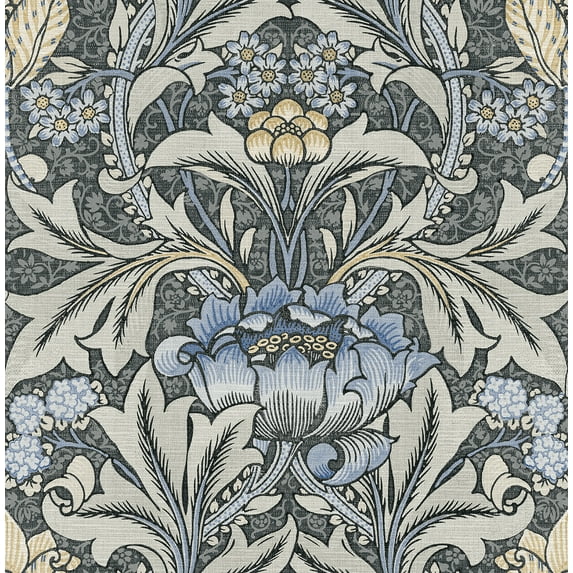 NextWall Charcoal & Carolina Blue Acanthus Floral Peel and Stick Wallpaper