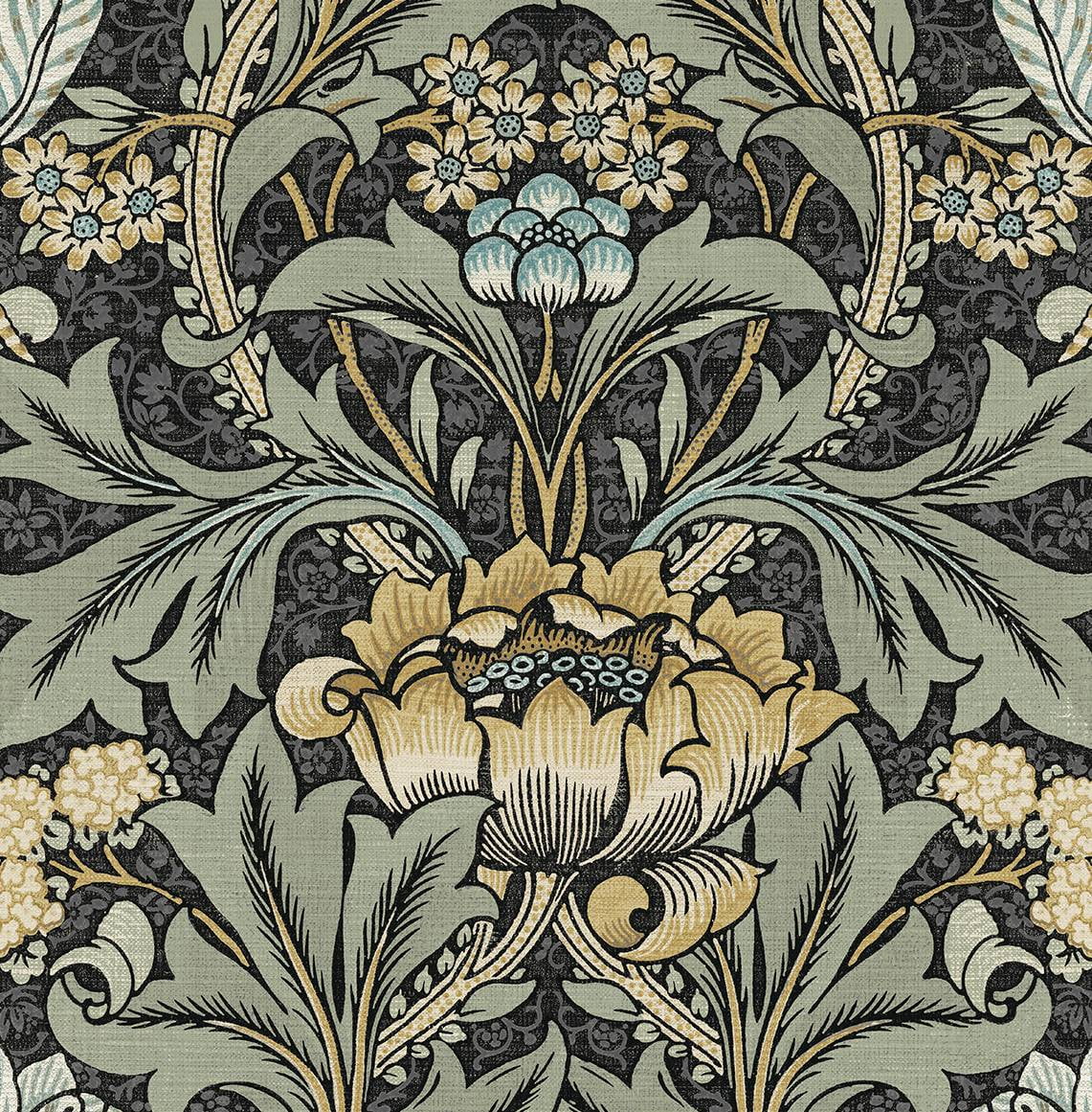 NextWall Charcoal & Goldenrod Acanthus Floral Peel and Stick Wallpaper