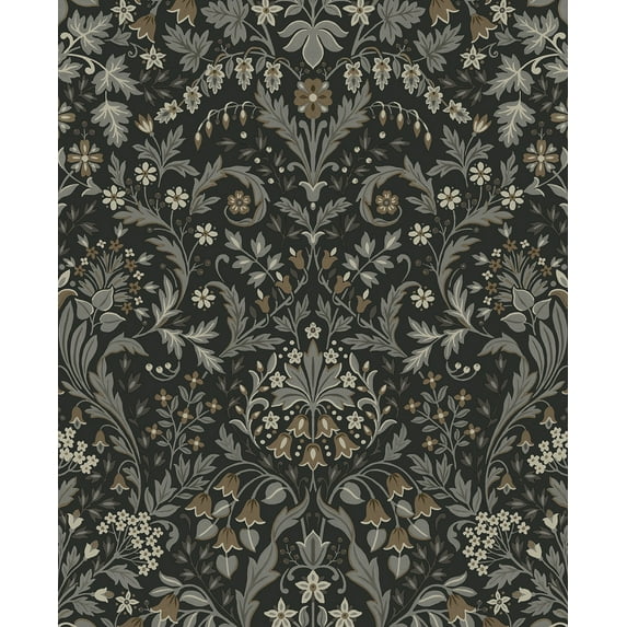 NextWall Charcoal & Pavestone Filigree Floral Peel and Stick Wallpaper - 20.5 in. W x 9 ft. L Roll