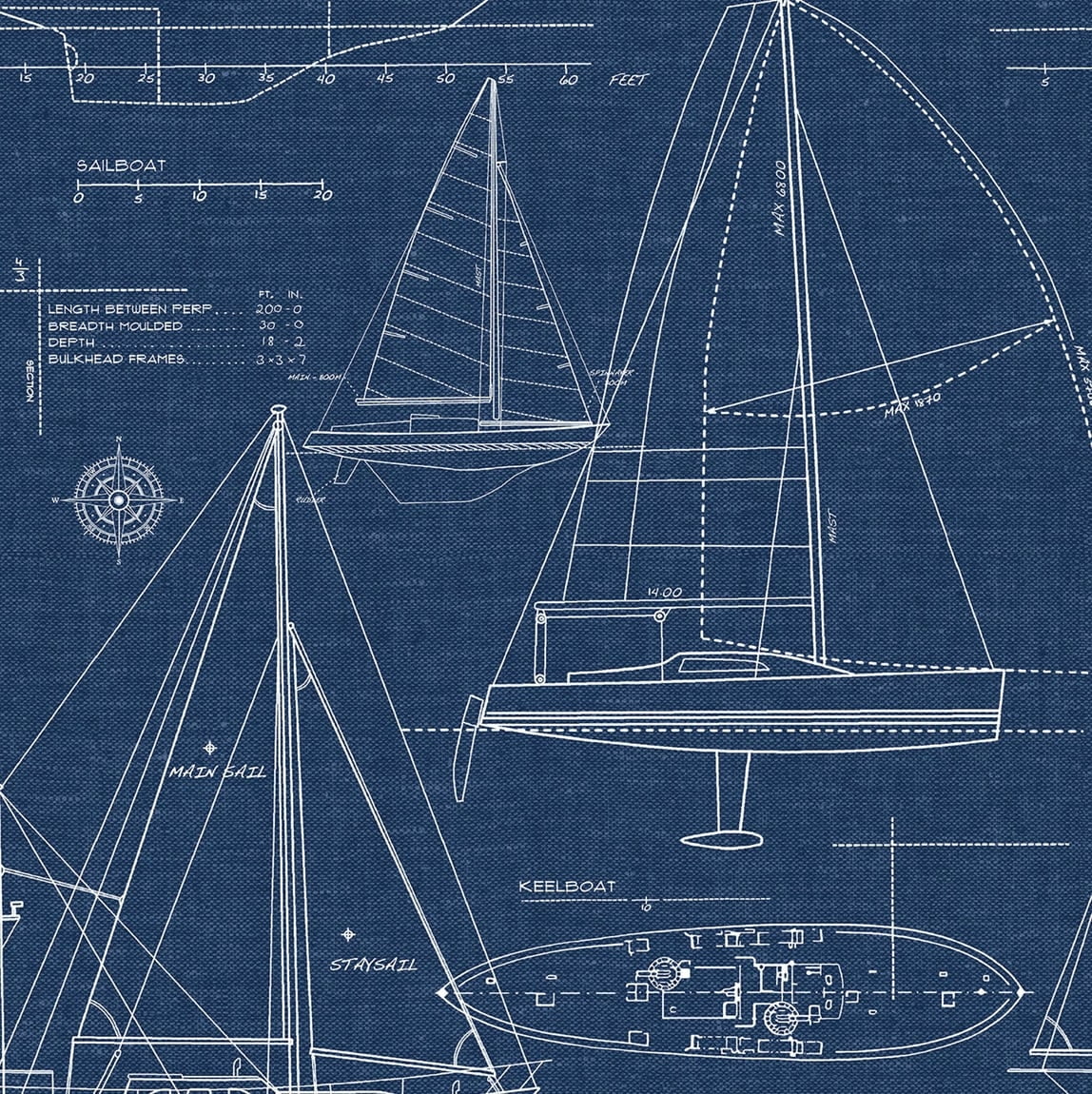 Navy Blue Nautical Blueprint Peel and Stick Wallpaper