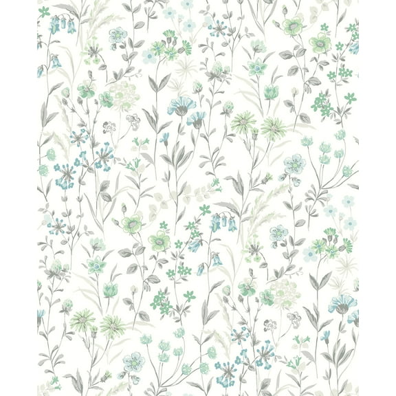 NextWall Dew Drop & Spring Green Wildflowers Peel and Stick Wallpaper
