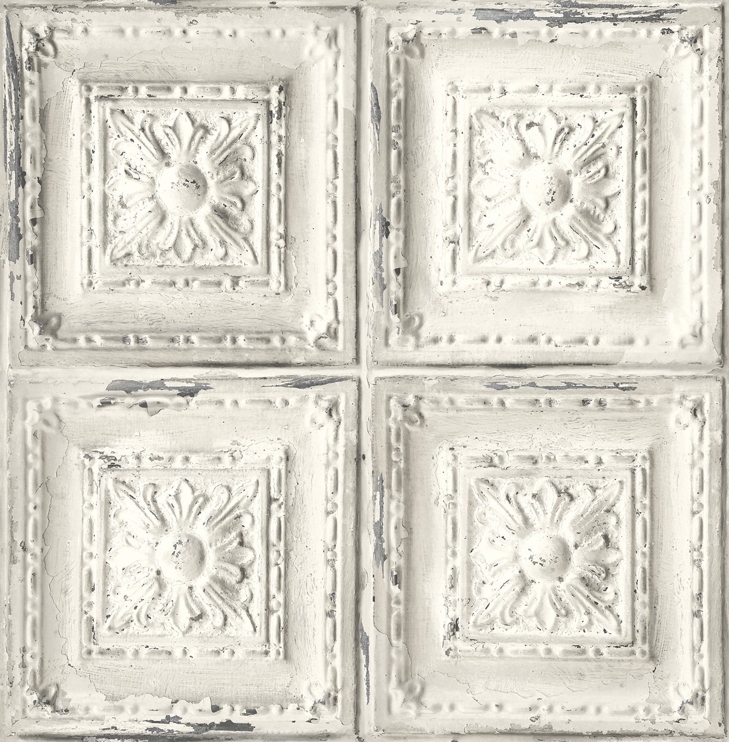 Distressed Tin Tile Off-White and Gray Vinyl Peel & Stick Wallpaper
