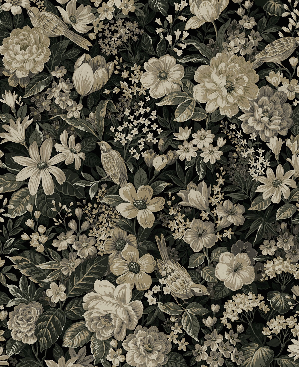 NextWall Ebony & Pale Fern Vintage Bird Garden Peel and Stick Wallpaper - 20.5 in. W x 18 ft. L Roll