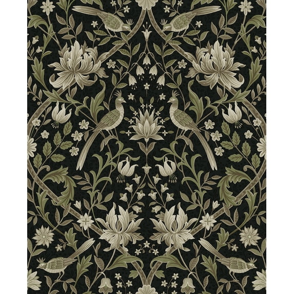 NextWall Ebony & Rosemary Vintage Bird Ogee Peel and Stick Wallpaper - 20.5 in. W x 18 ft. L Roll