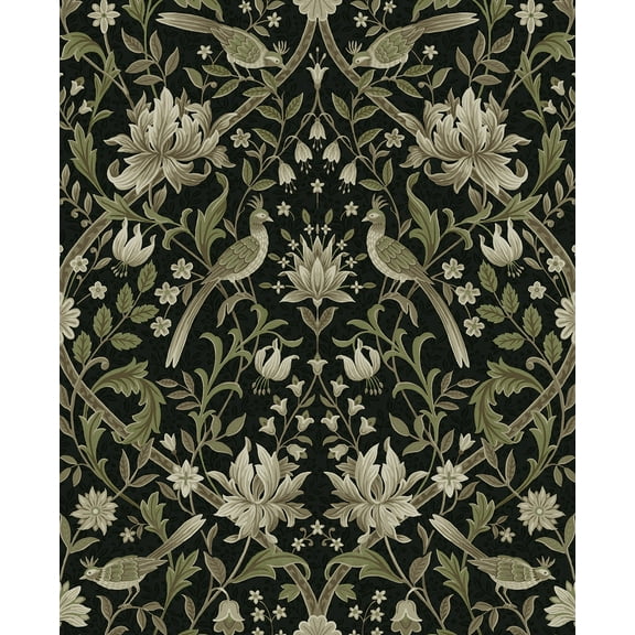 NextWall Ebony & Rosemary Vintage Bird Ogee Peel and Stick Wallpaper - 20.5 in. W x 18 ft. L Roll