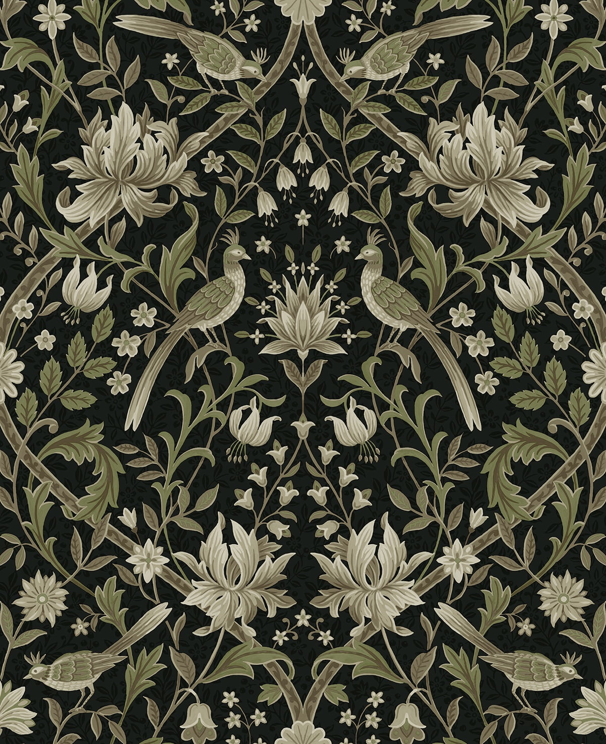 NextWall Ebony & Rosemary Vintage Bird Ogee Peel and Stick Wallpaper - 20.5 in. W x 9 ft. L Roll