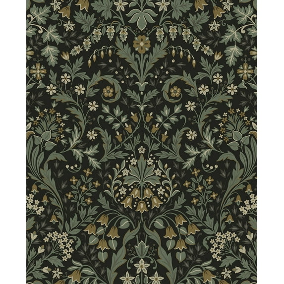 NextWall Ebony & Sage Filigree Floral Peel and Stick Wallpaper - 20.5 in. W x 18 ft. L Roll
