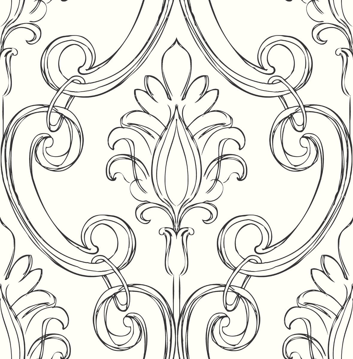 Ebony and White Damask Peel and Stick Wallpaper